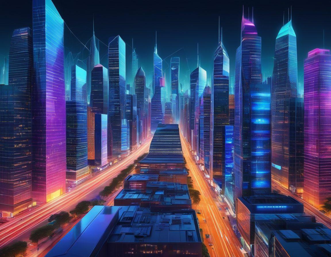 A bustling digital cityscape with modern skyscrapers representing web hosting services, e-commerce storefronts, and seamless online transactions. In the foreground, a successful entrepreneur oversees the digital metropolis, symbolizing comprehensive online success. Sleek icons and network lines connect each element, illustrating the integration of technologies. vibrant colors. super-realistic.