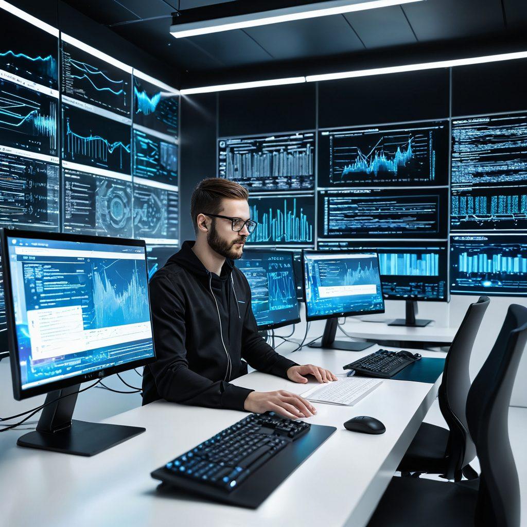 A futuristic workspace with sleek computer screens displaying complex code and vibrant, dynamic web interfaces. A developer working intently, surrounded by holographic representations of data flow between backend servers and frontend components. Visually convey the integration and balance between backend robust infrastructure and dynamic frontend design. super-realistic. vibrant colors. high-tech. white background.